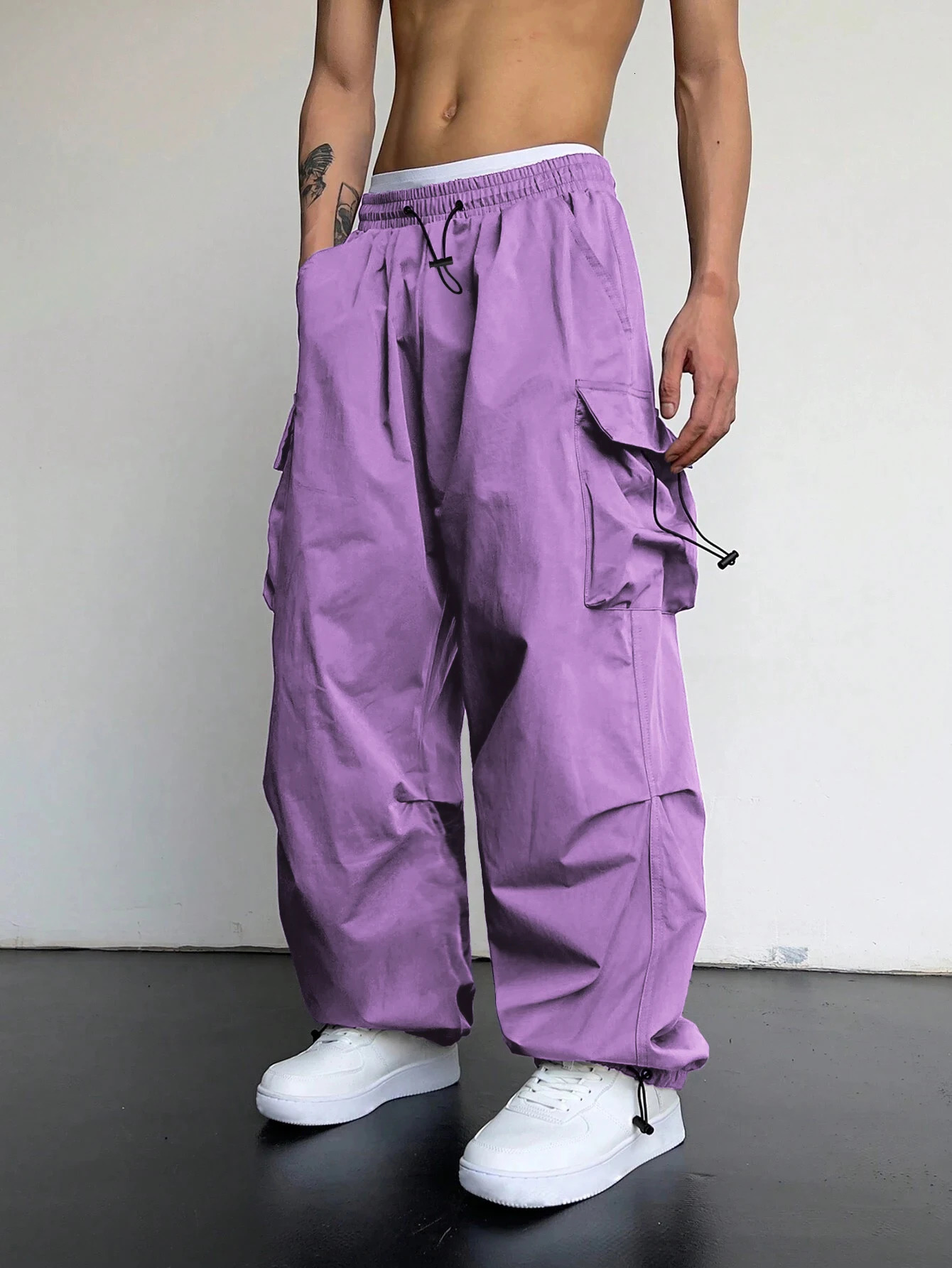 Mens Parachute Cargo Pants Adjustable Cuffs Roomy Pockets Edgy Streetwear 260127