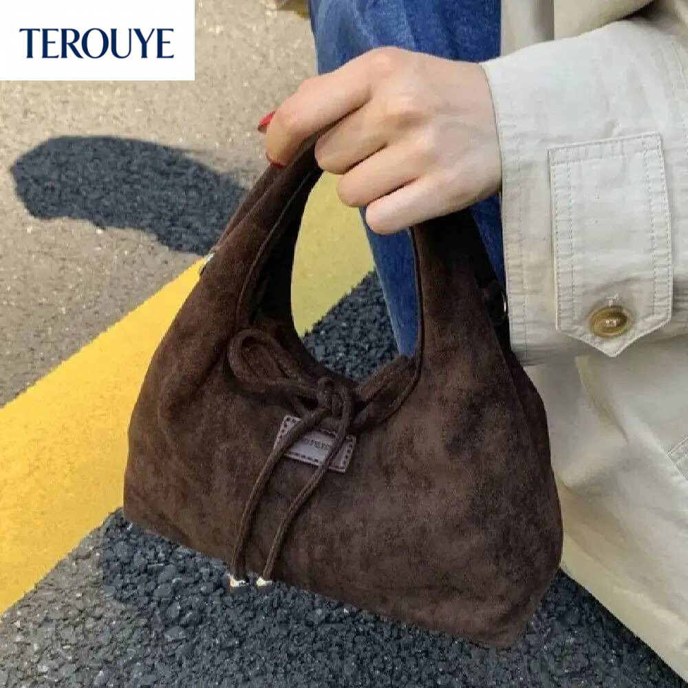 TEROUYE Korean style niche suede design bow handbag autumn and winter new retro luxury armpit bag women's shoulder bag fashion trend
