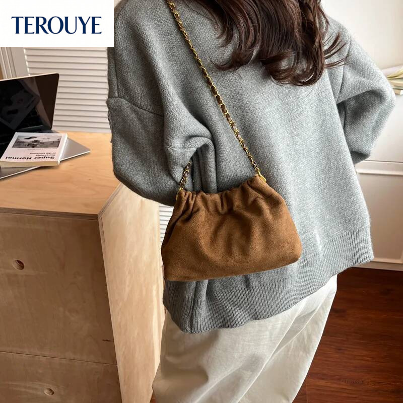 TEROUYE Retro suede bucket bag autumn and winter new Korean style elegant luxury armpit bag fashionable versatile women's shoulder bag