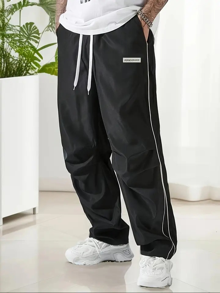 Mens Regular Plain Sports Straight Pants with Drawstrings and Elastic Waistband Reflective Webbing Suitable for Daily Leisure Street Basketball Fitnes