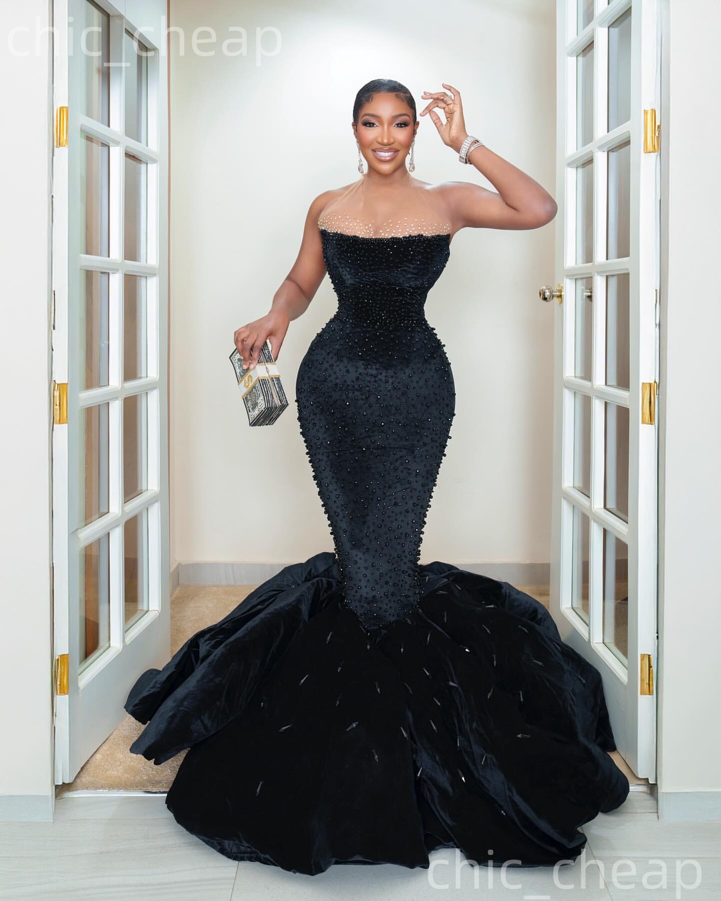 Aso Ebi Black Mermaid Prom Dresses 2026 Sheer Neck Beaded Velvet Elegant Evening Formal Party Second Birthday Engagement Gowns Dress For Special Occas