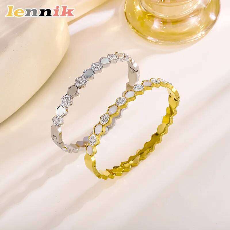 LENNIK Women's Titanium Steel Bracelet, New European American Style, Simple Stylish, Clasp Design,Shell Inlaid Diamonds,Hot Sale XJ260127