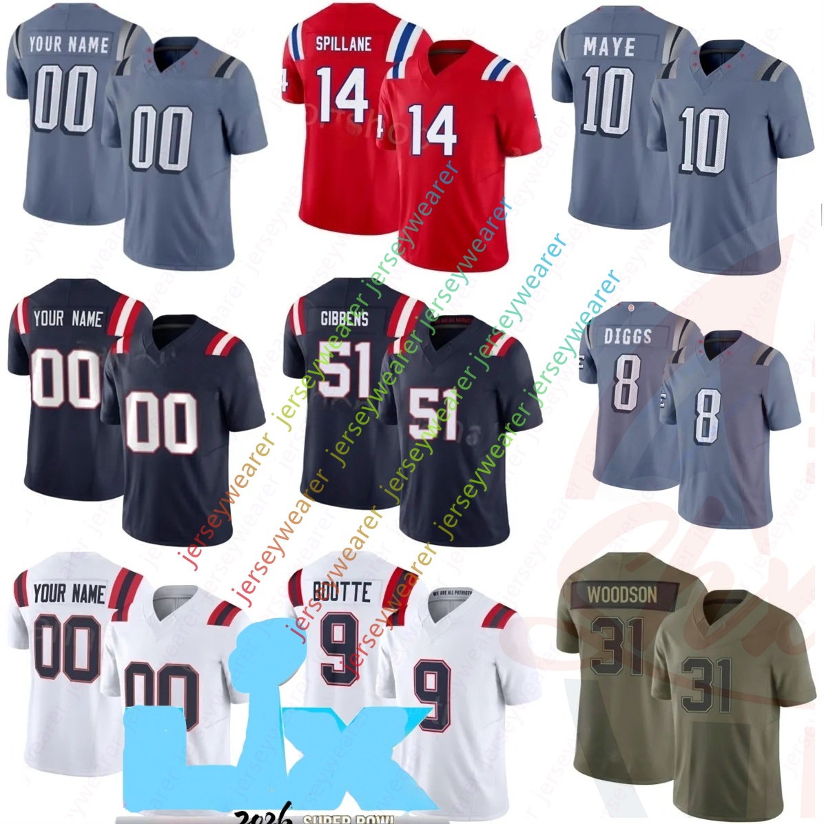 Custom Football Jersey Drake Maye Stefon Diggs Matthew Judon Christian Gonzalez 12 Brady Mike Vrabel Campbell Gibson 2026 Super Bowl New Arrivals In S