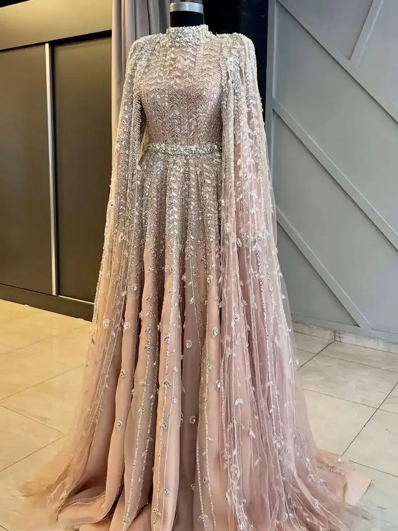 Luxe Beaded Evening Dresses With Cape High Neck Modest Dubai Arabic Formal Occasion Party Gowns Galas Dress With Silver Beads Crystals Robe De Soiree 