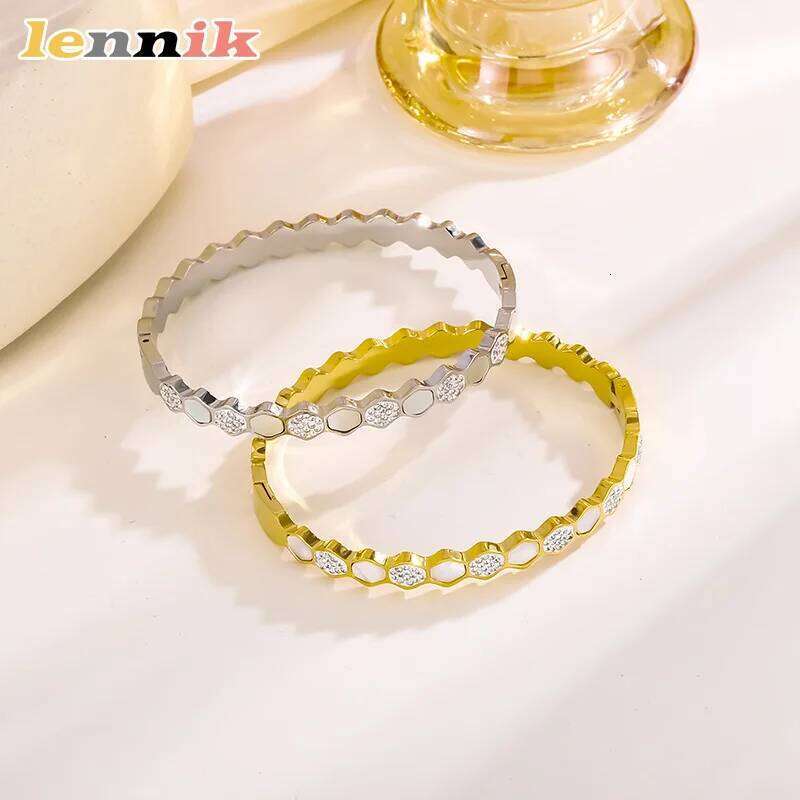 LENNIK Women's Titanium Steel Bracelet, New European American Style, Simple Stylish, Clasp Design,Shell Inlaid Diamonds,Hot Sale XJ260127
