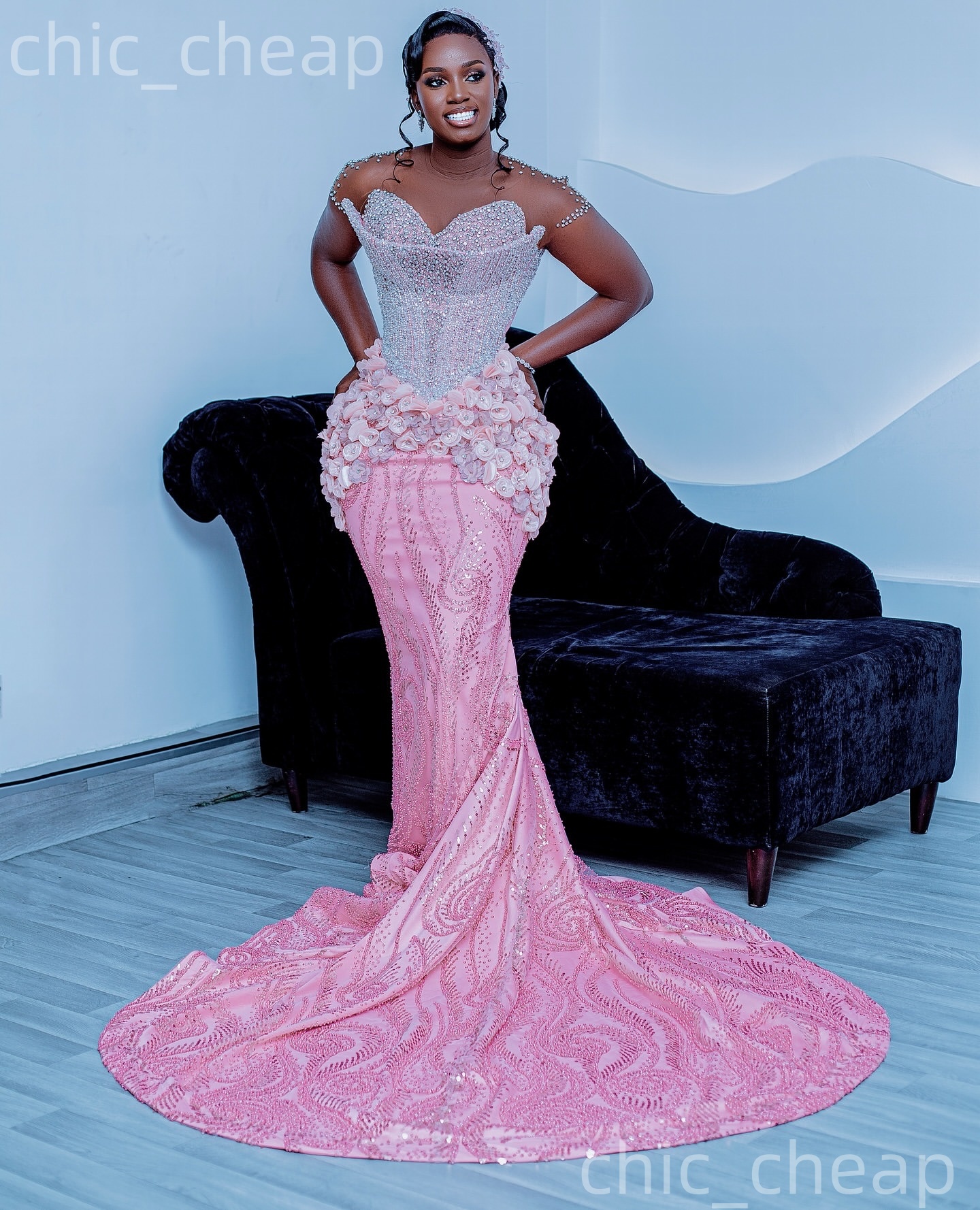 Aso Ebi Pink Mermaid Prom Dresses 2026 Crystals Flowers Sheer Neck Sequined Evening Formal Party Second Birthday Engagement Gowns Dress For Special Oc