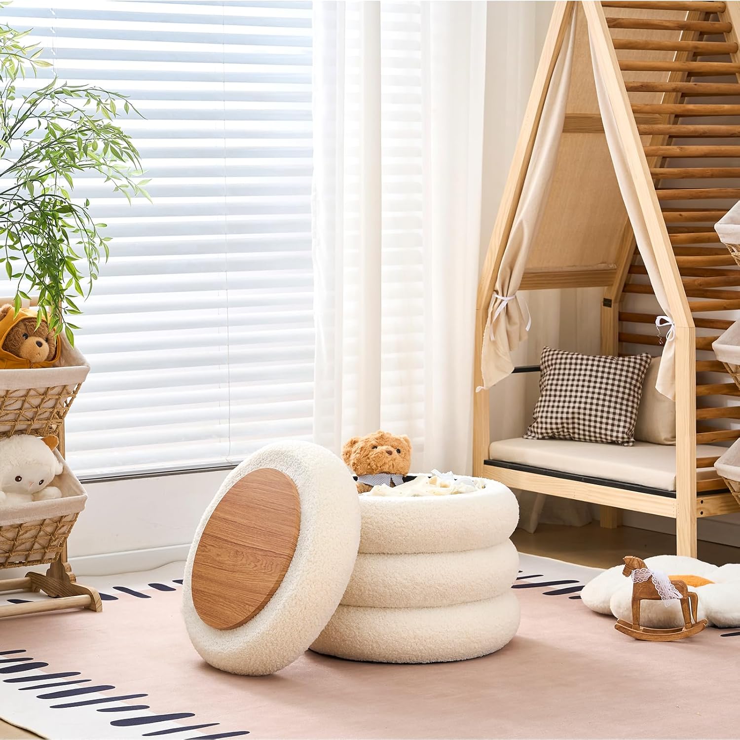 Wimarsbon Round Storage Ottoman, Modern Sherpa Footstool, T