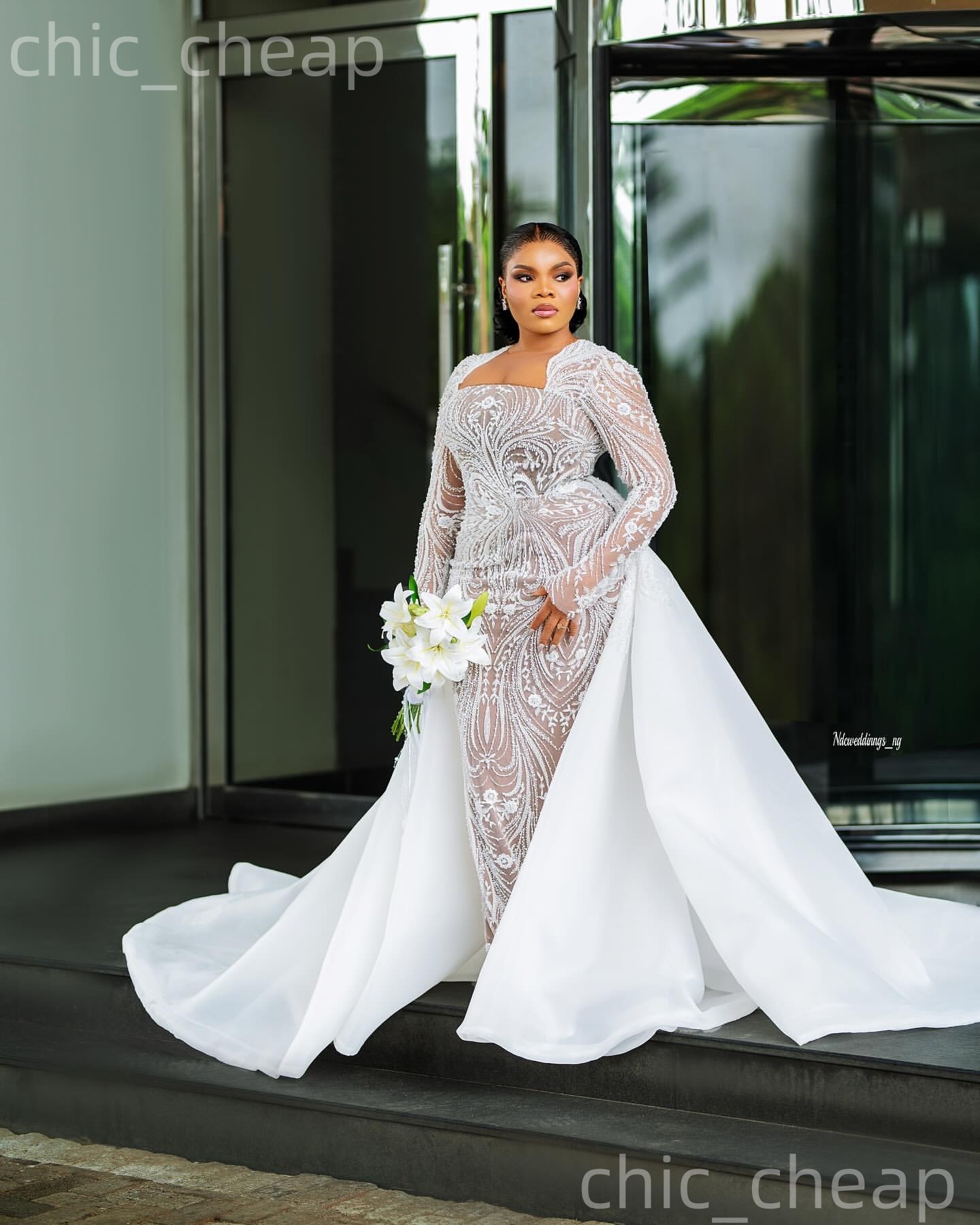African Aso Ebi 2026 Ivory Sheath Wedding Dress Illusion Sheer Neck Full Sleeves Sequined Lace Detachable Train Vintage Bridal Gowns Dresses ZJ234