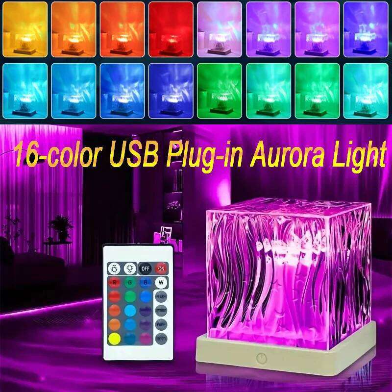 LED Ocean Wave Projector Light Aurora Lamp 16 Colors RGB Night Lights Auto Rotating USB Plug Kids Adults Gift Home Room Decor Z260127