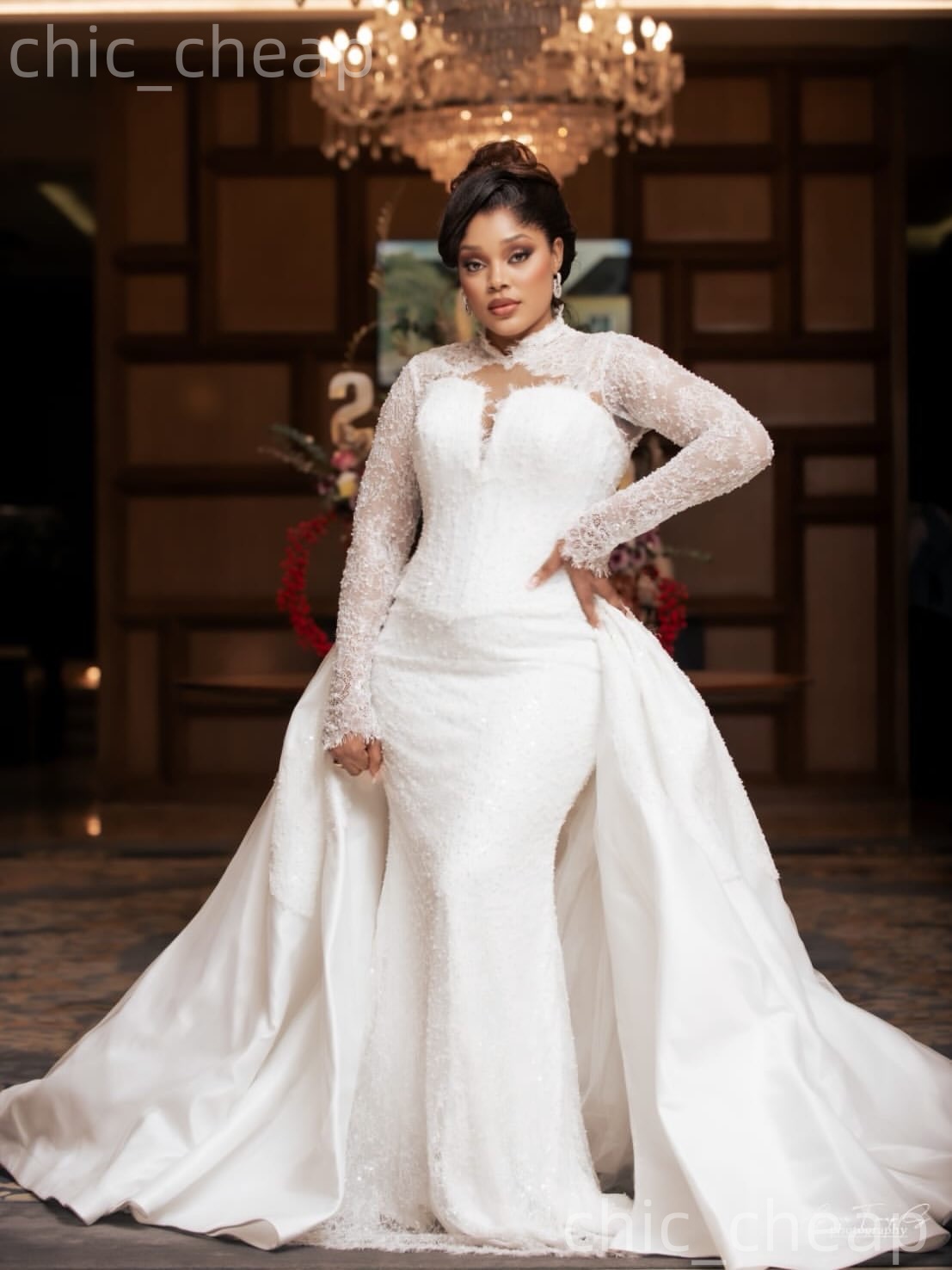 African Aso Ebi 2026 Ivory Mermaid Wedding Dress High Neck Full Sleeves Beaded Lace Detachable Train Vintage Charming Bridal Gowns Dresses ZJ235