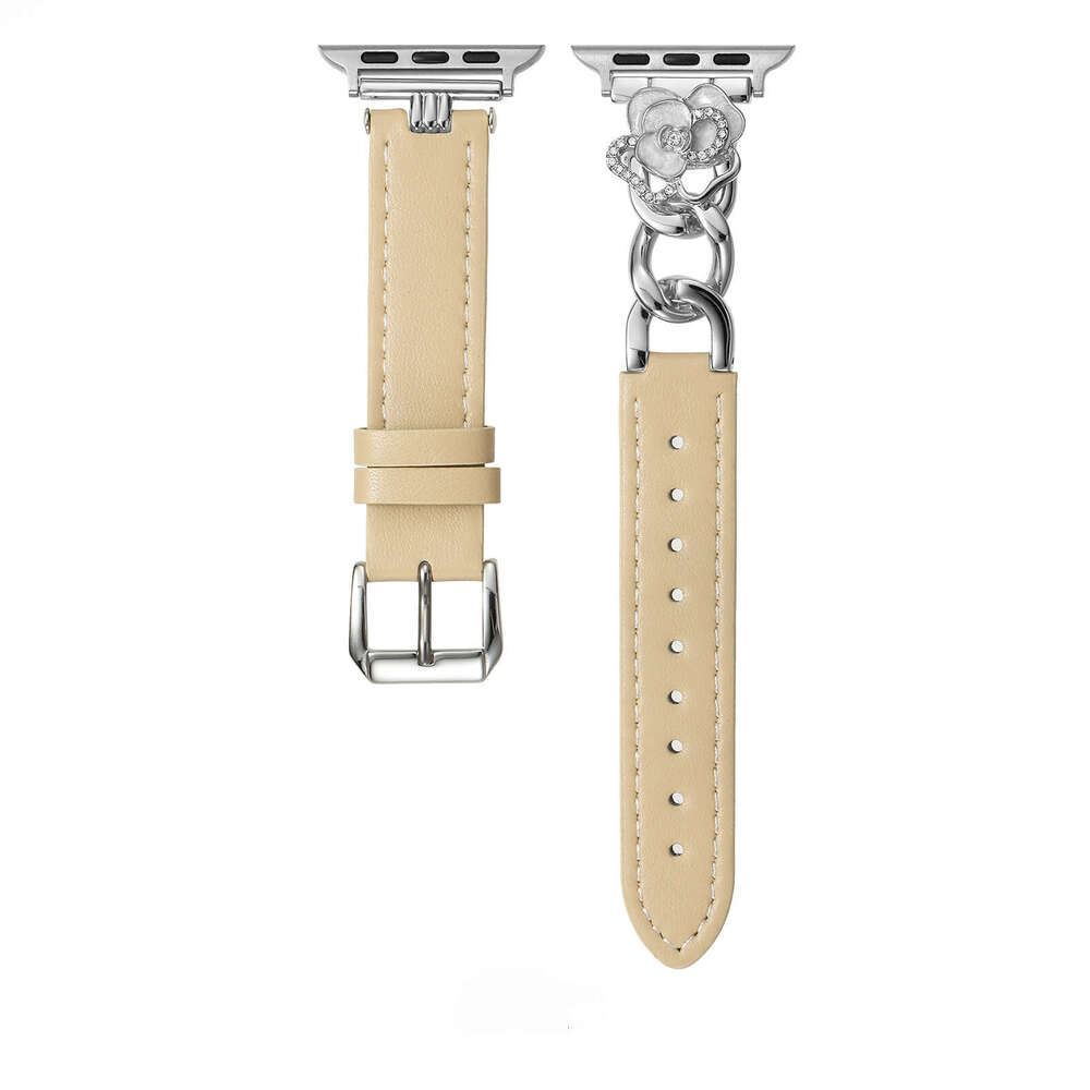 Camellia Charm Calf Leather Strap for Apple Watch Series 11/10/9/8/7 Elegant Metal Accent Wristband