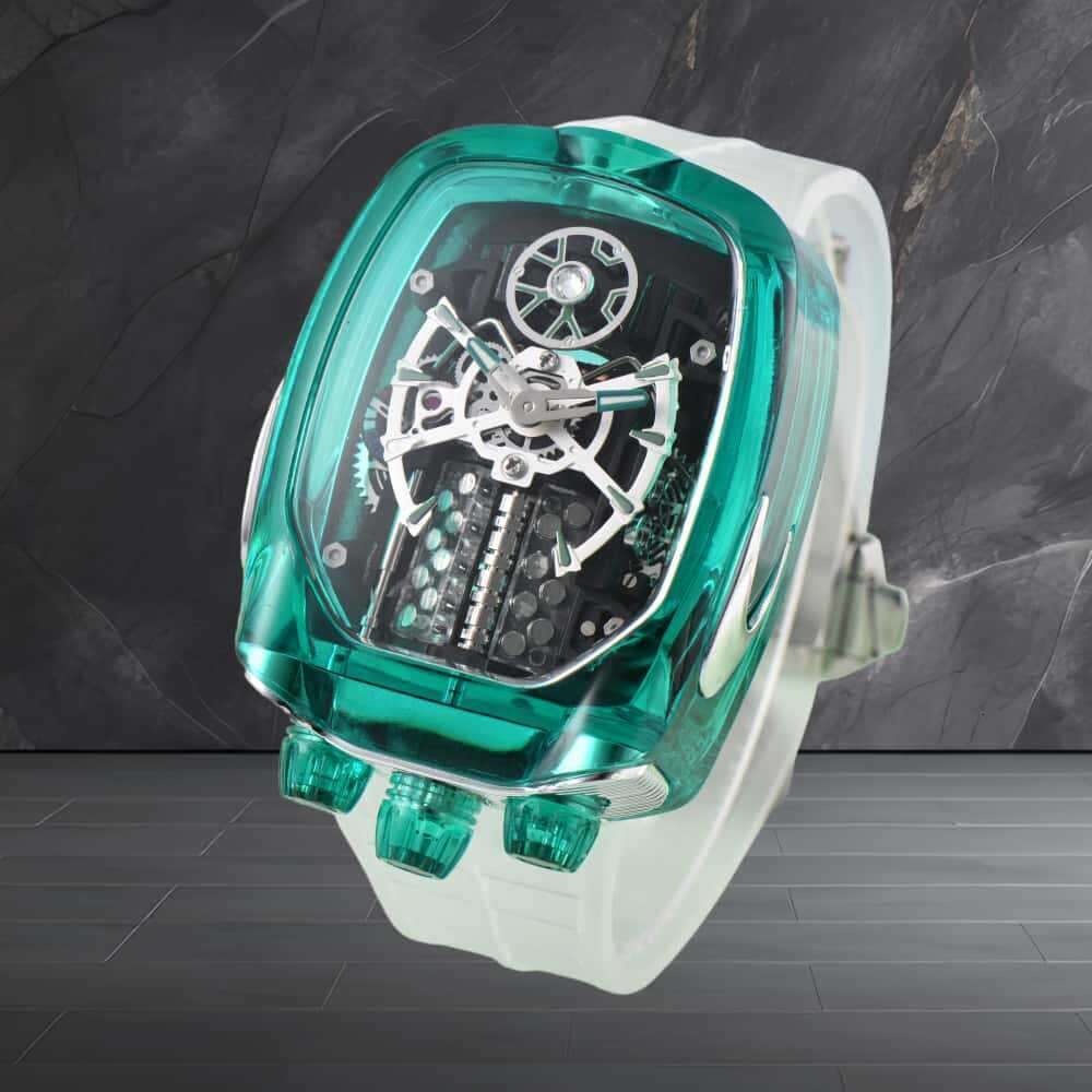 W16 cylinder engine shines with transparent crystal case quartz watch for men and women