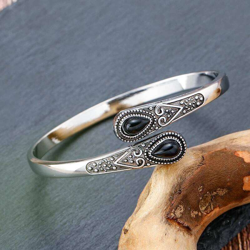 Vintage Ethnic Style Inlaid Imitation Natural Stone Elegant Open Adjustable Cuff Bracelet Women Men Party Jewelry XJ260127