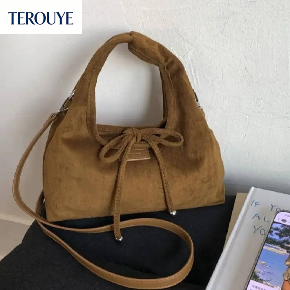 TEROUYE Korean style niche suede design bow handbag autumn and winter new retro luxury armpit bag women's shoulder bag fashion trend