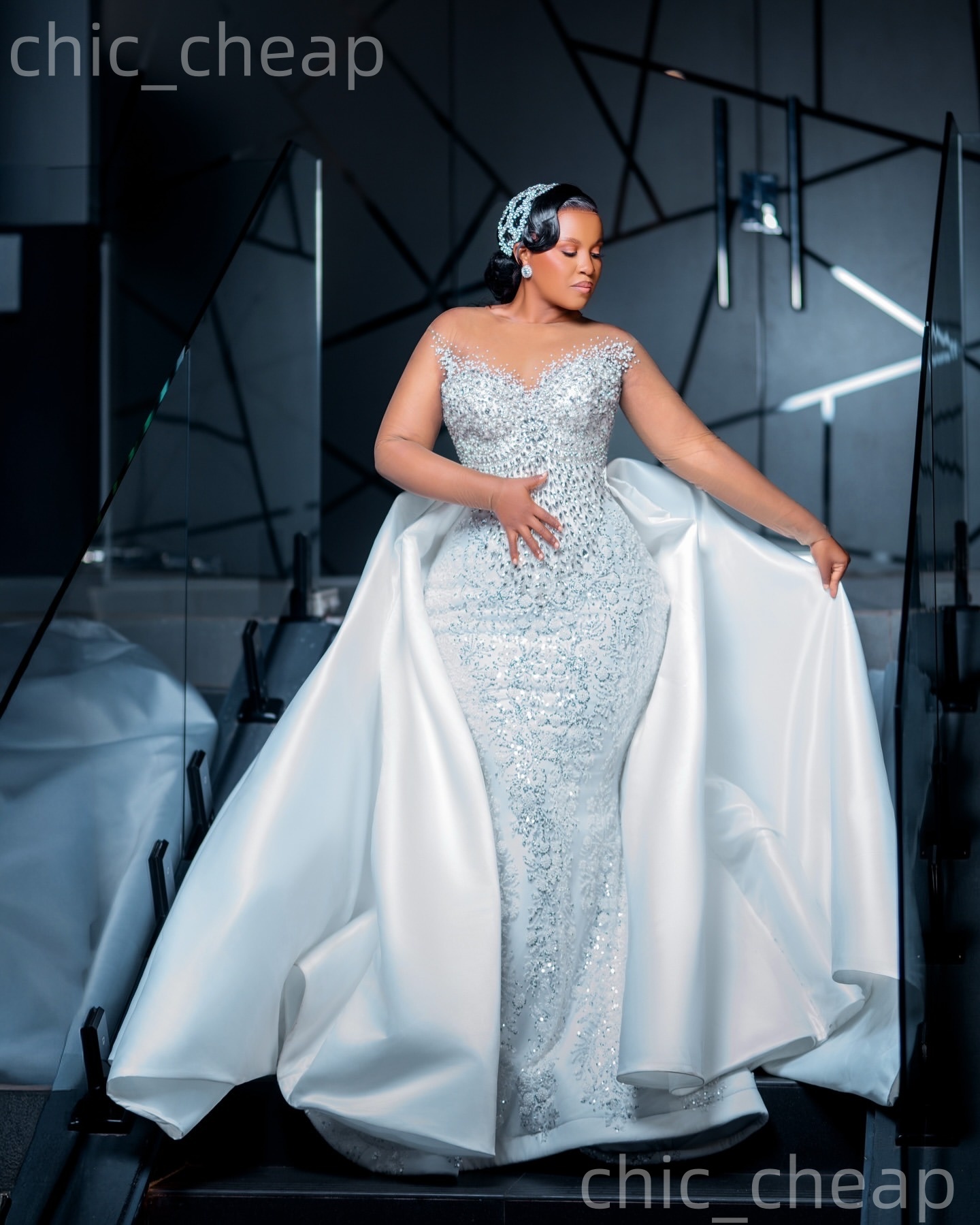 African Aso Ebi 2026 Ivory Mermaid Wedding Dress Beaded Crystals Sheer Neck Sequined Satin Detachable Train Elegant Bridal Gowns Dresses ZJ231