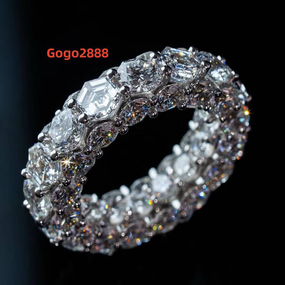 Iced Out Hexagon Round Moissanite Eternity Band 925 Silver Hip Hop Ring Luxury Full Eternity Jewelry