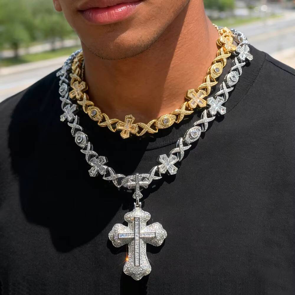 Moissanite New Style Hip Hop Baguette Square Iced Out Zircon White Gold Plated Cross Pendant for Men and Women Gift Fashion Jewelry