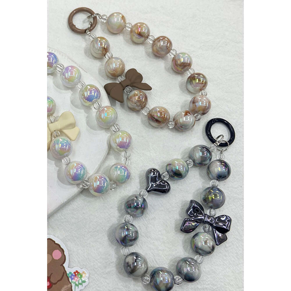 Korean Style Bowknot Handheld Chain Fashion Gradient Phone Case Shockproof Pendant Electroplated Two-tone Beaded Decoration S260126