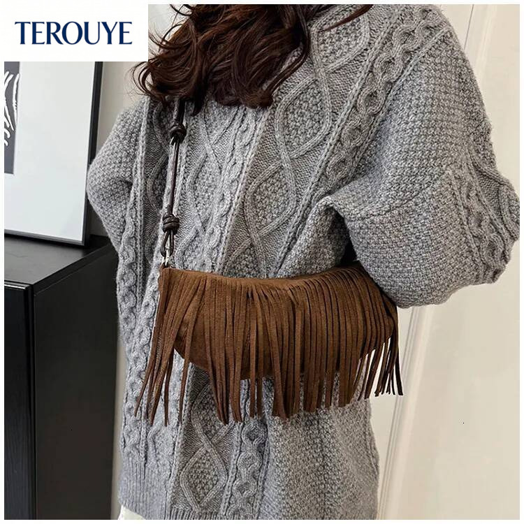 TEROUYE Korean retro style suede armpit bag autumn and winter new collection tassel elegant luxury bag trend versatile women's shoulder bag fashi