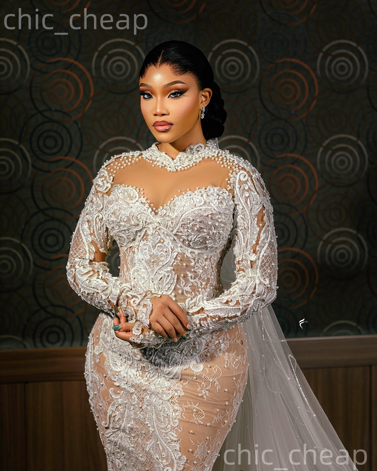 African Aso Ebi 2026 Ivory Mermaid Wedding Dress Pearls Illusion Lace Full Sleeves Sheer Neck Vintage Bridal Gowns Dresses ZJ234