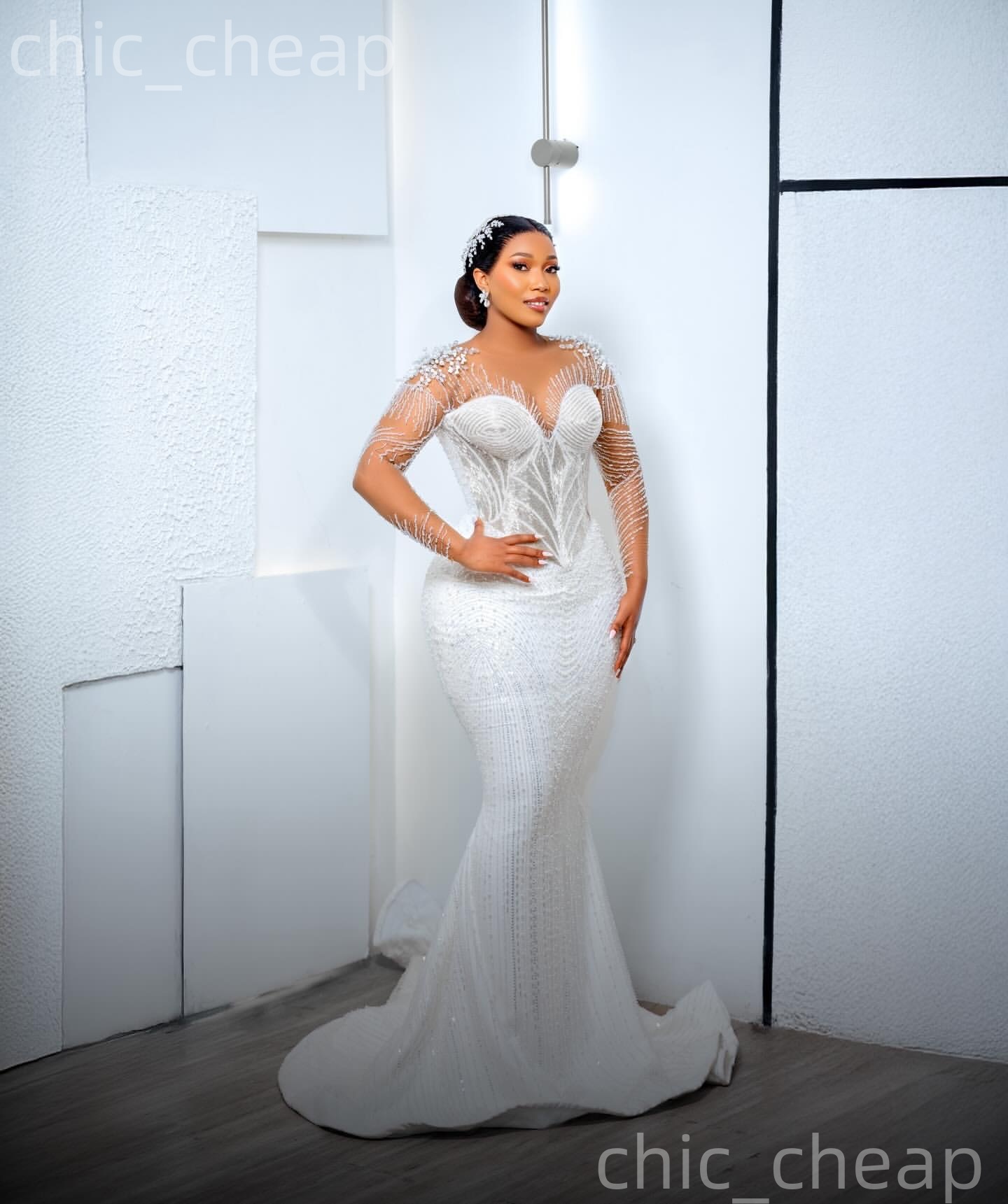 African Aso Ebi 2026 Ivory Mermaid Wedding Dress Full Sleeves Beaded Crystals Sequined Satin Detachable Train Bridal Gowns Dresses ZJ234