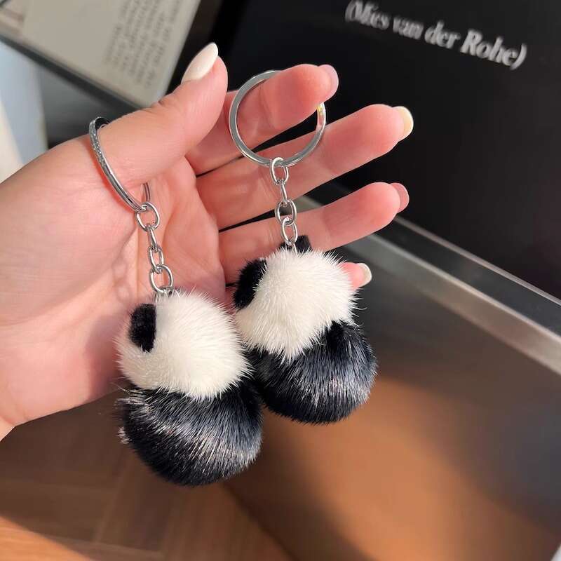 Cute Real Mink Fur Little Panda Car Keychain Pendant Plush Doll Backpack Decoration Small Gift S260126 8f0