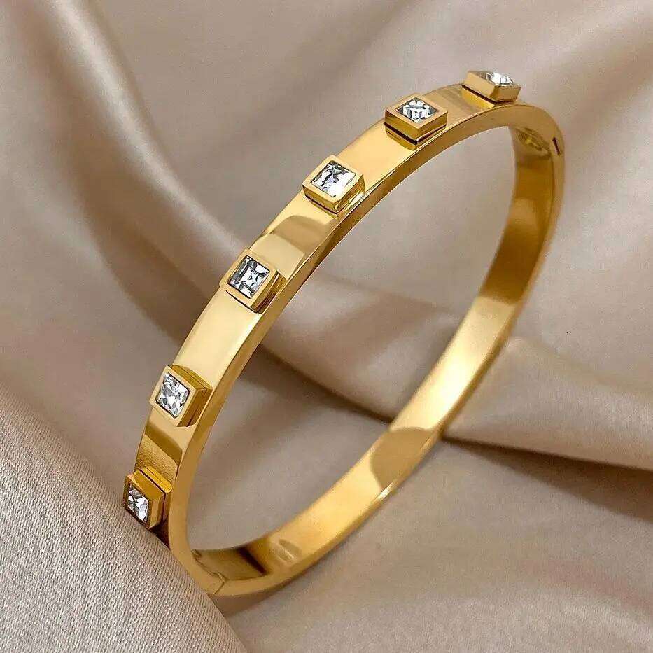 Fashion Square Zircon Cuff Bracelets Bangles for Women Glossy Smooth Gold Plated Stainless Steel Stackable Wristband Jewelry XJ260127