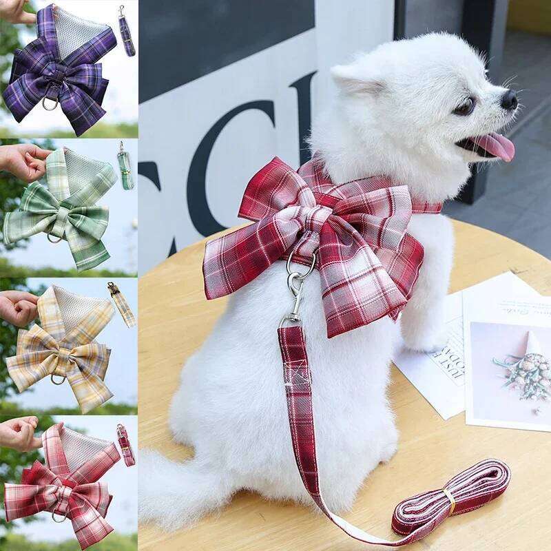 Dog Collar Harness Set, Designer Breathable Christmas Red Bow Tie Soft Vest for Dogs Cats Outdoor Walking Holidays Everyday Outfits Pet Clothing