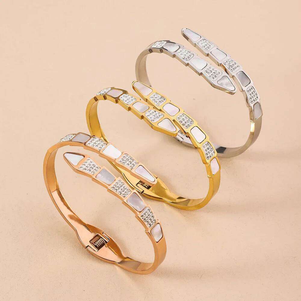 Shell Snake Bone Fashion Bracelet with Open Stainless Steel Bangle For Women, Cool Style, Personalized Jewelry Accessories XJ260127