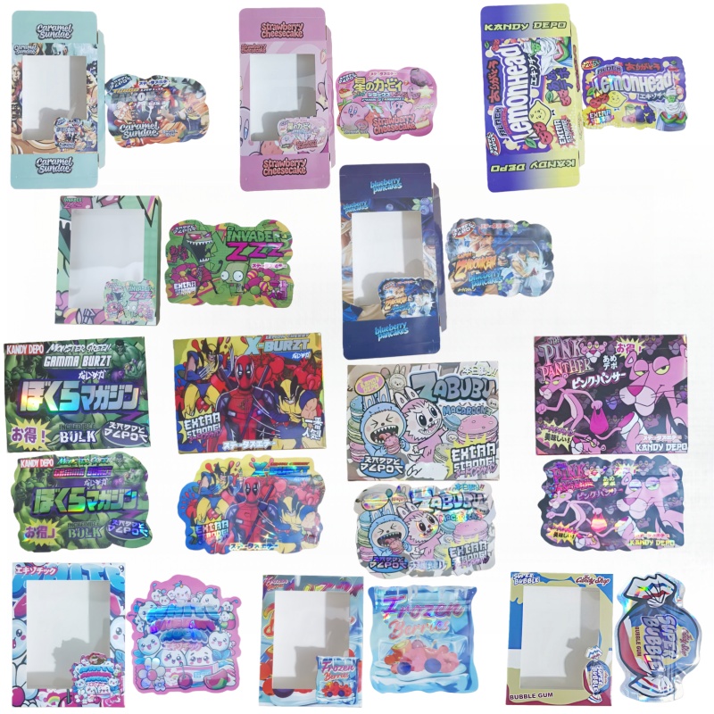 3.5g mylar bag with display box UV holographic irregular shape pack trendy cartoon smell proof pouch for collectible storage custom