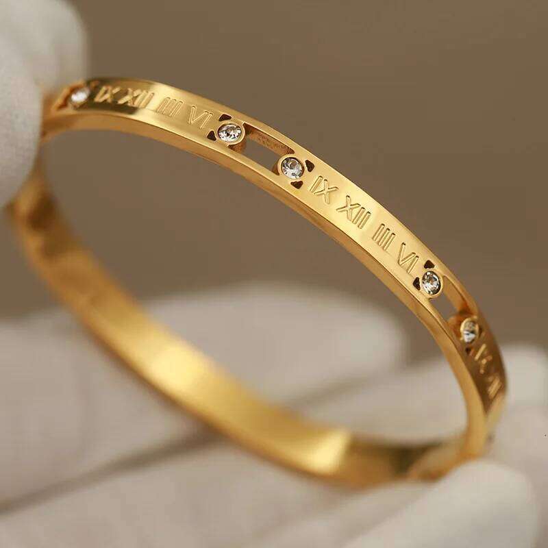 316L Classic Stainless Steel Metal Roman Nunber for Women Elegant Crystal Bangles Rust-proof Bracelets Wrist Jewelry XJ260127