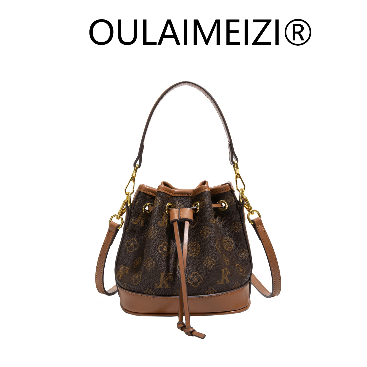 new OULAIMEIZI Women's high-end color-blocking light luxury vintage bucket bag with drawstring suitable for single-shoulder and crossbody wear large