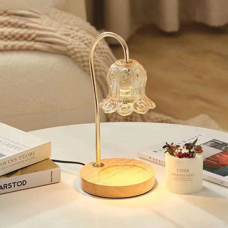 with 2 Bulbs Soft Brightness Create Ambiance in Any Room Modern Glass Flower Candle Lamp Warmer Wood Base Z260127