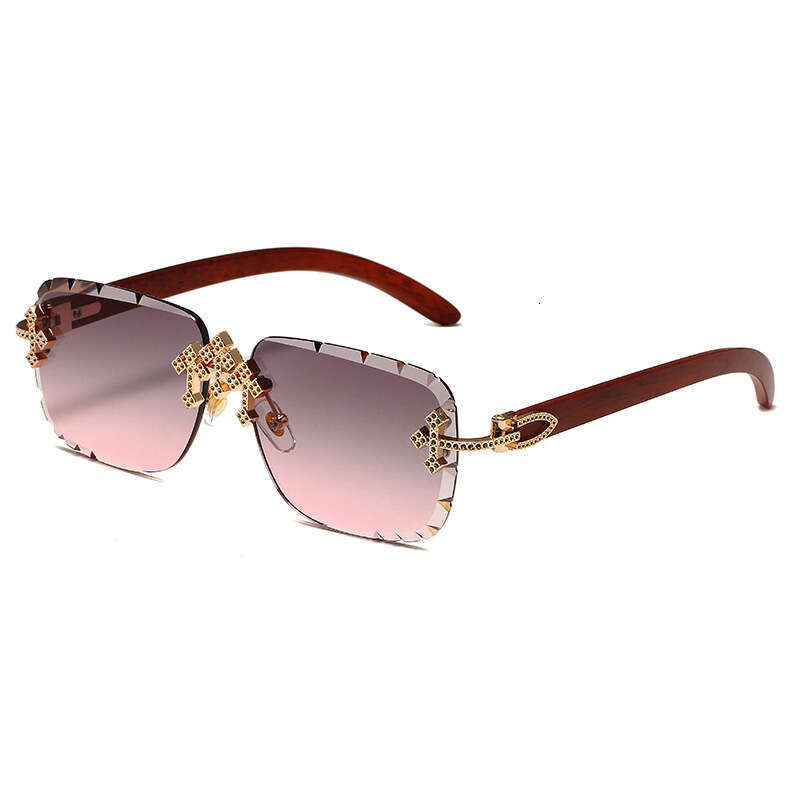 Sunglasses Cross Diamond Accented Rimless Metal Frame with Starry Sky Design and Wood Grain Temples for Driving and Vacation High Quality Texture