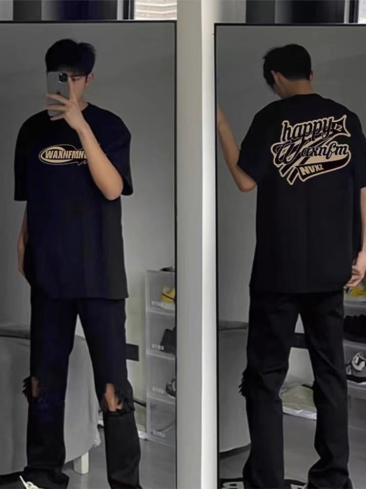 Men's summer letter-style short-sleeved printed trendy loose-fitting versatile clothing