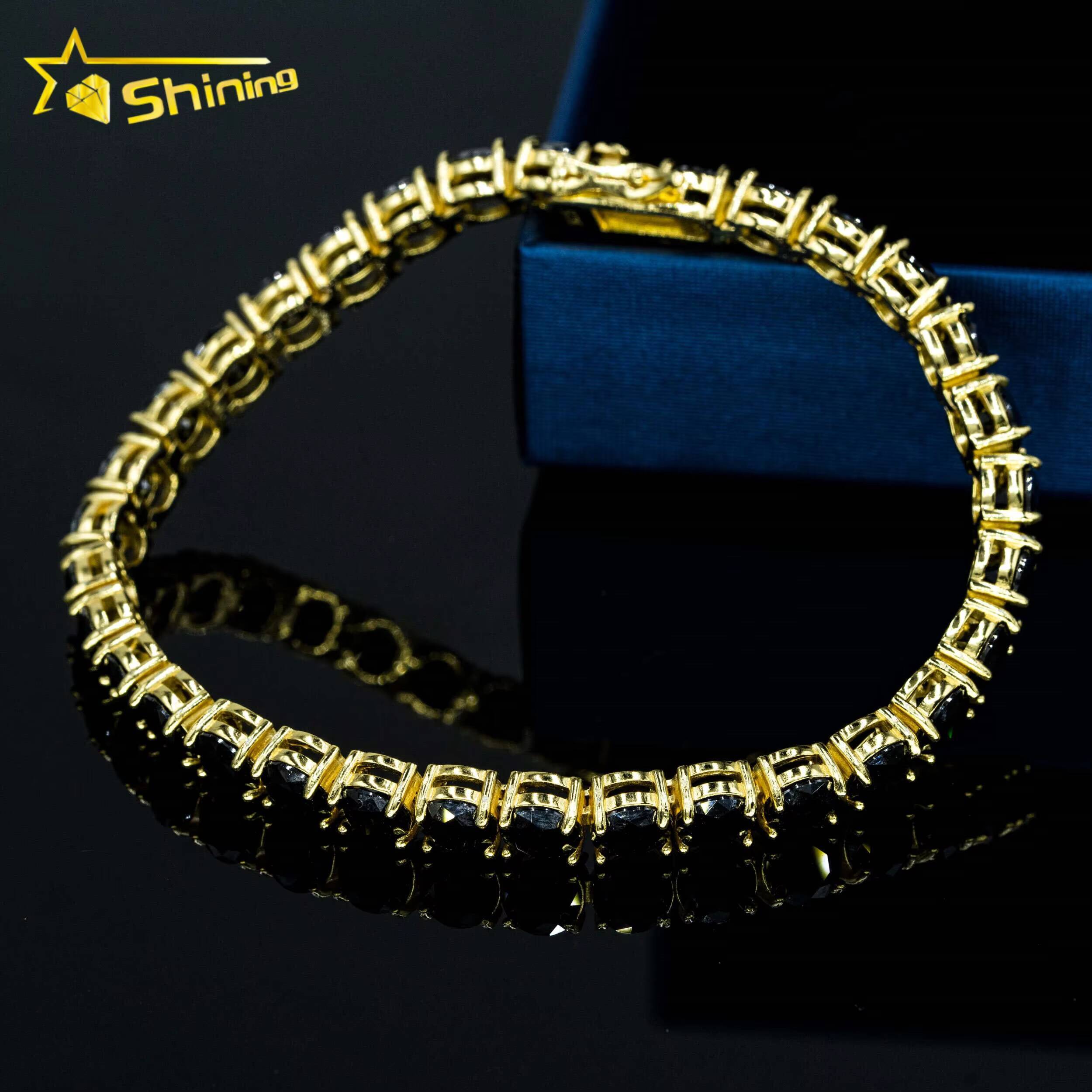 18k Yellow Gold Plated 3mm 4mm 5mm 65mm Black Moissanite Tennis Chain 925 Sterling Silver Men Women Tennis Necklace Bracelet