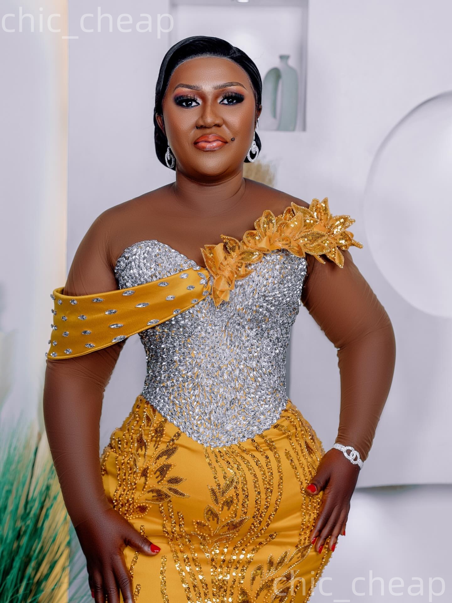 Aso Ebi Gold Mermaid Prom Dresses 2026 Crystals Flowers Long Sleeves Sequined Evening Formal Party Second Birthday Engagement Gowns Dress For Special 