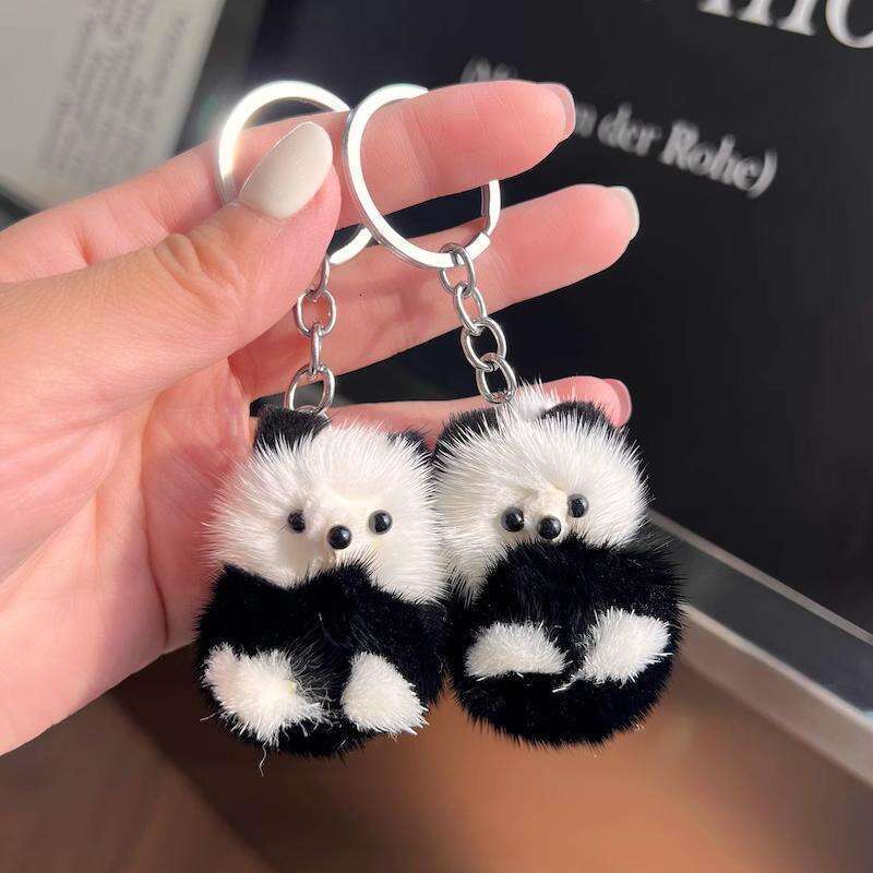 Cute Real Mink Fur Little Panda Car Keychain Pendant Plush Doll Backpack Decoration Small Gift S260126 2aa