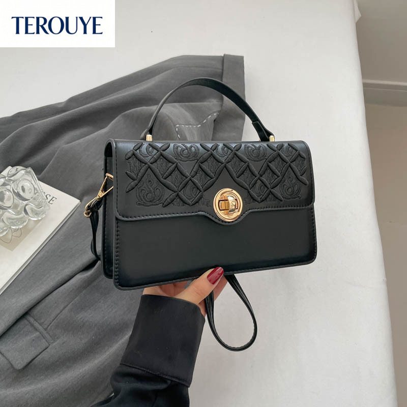 TEROUYE Autumn New Fashionable Simple Quilted Small Flower Chain Women's Shoulder Bag Trendy Embroidery Design Versatile Elegant Small Square Bag
