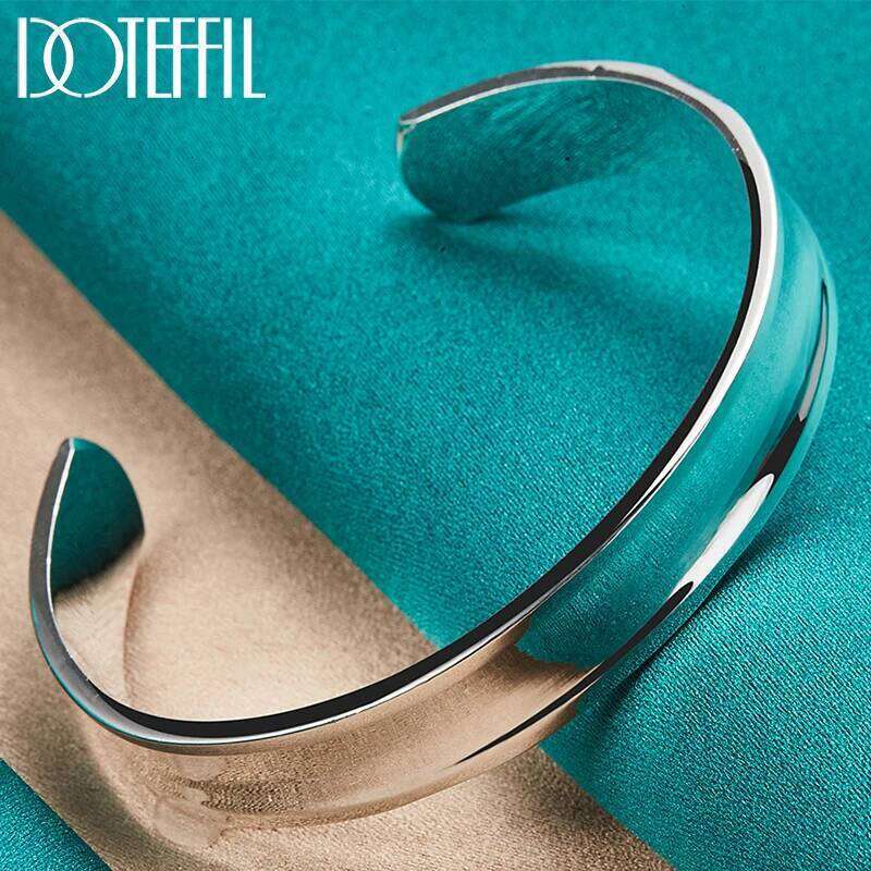DOTEFFIL 925 Sterling Silver 12mm Smooth Adjustable Bangle Bracelet For Man Woman Fashion Wedding Engagement Party Jewelry XJ260127