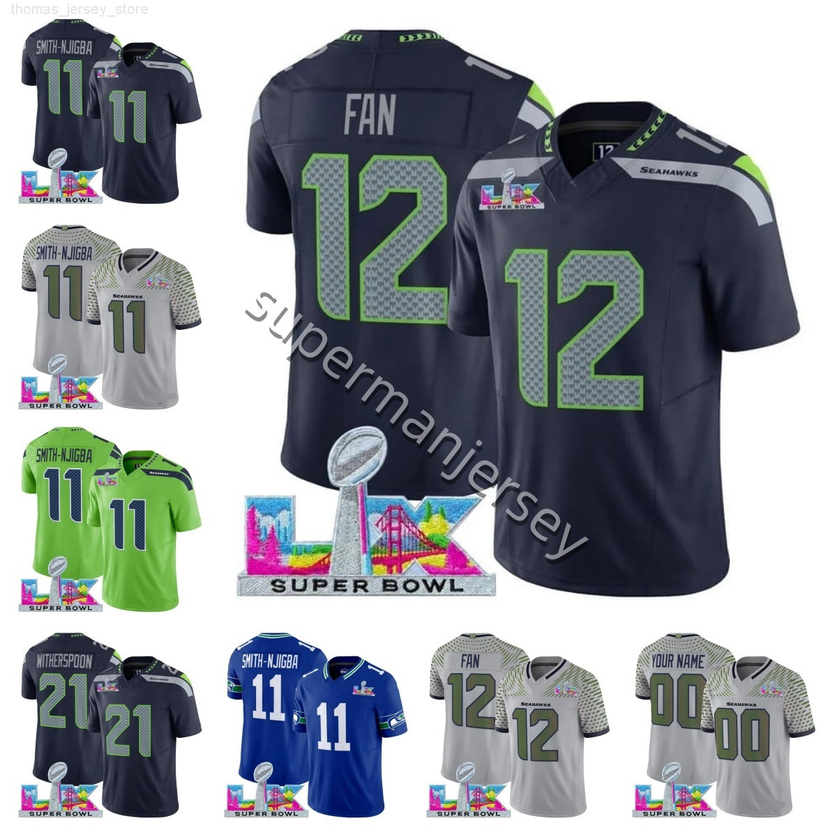2026 Super bowl patch football Jersey s-3xl Smith-Njigba 11 Sam Darnold 14 Cooper Kupp Fan Jalen Milroe Kenneth Walker III 9 Seattles SeahawksS Witherspoon Lynch