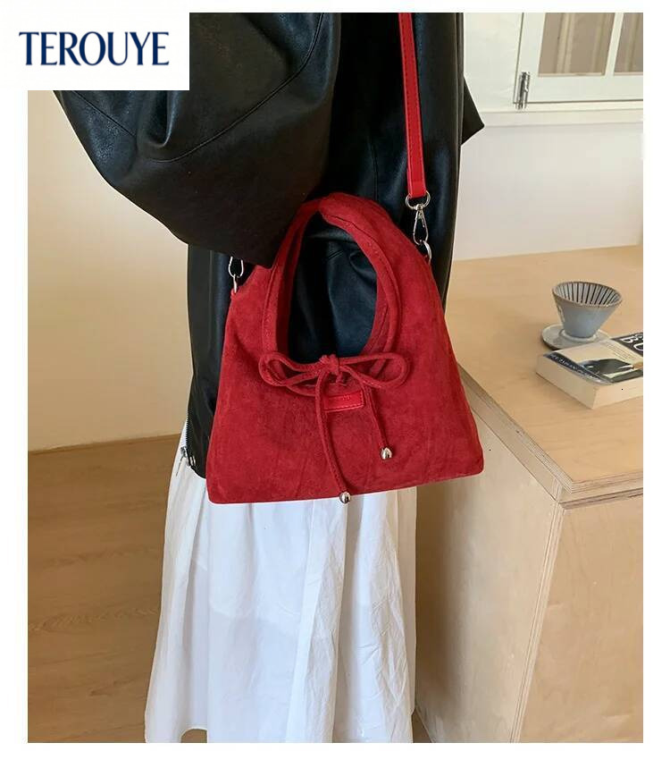 TEROUYE Korean style niche suede design bow handbag autumn and winter new retro luxury armpit bag women's shoulder bag fashion trend