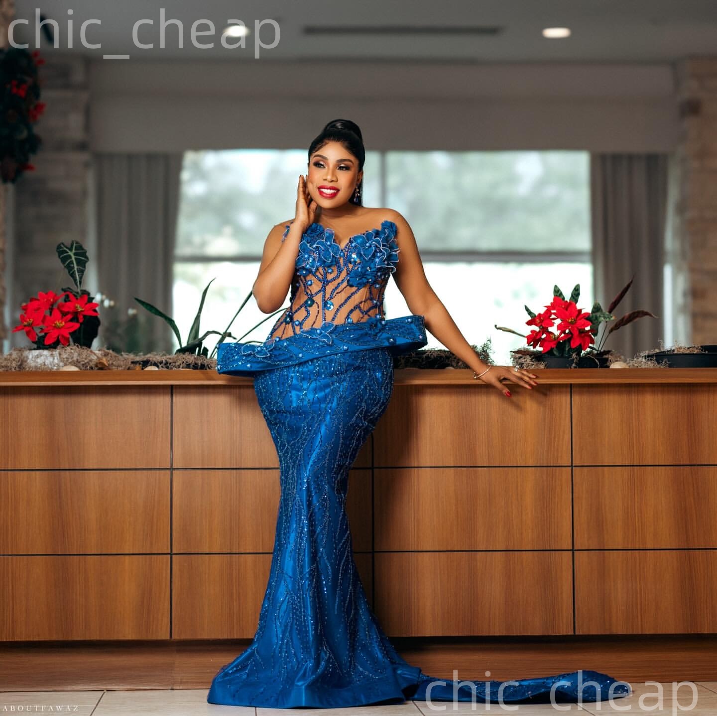 Aso Ebi Royal Blue Mermaid Prom Dresses 2026 Flowers Beaded Illusion Sequined Evening Formal Party Second Birthday Engagement Gowns Dress For Special 