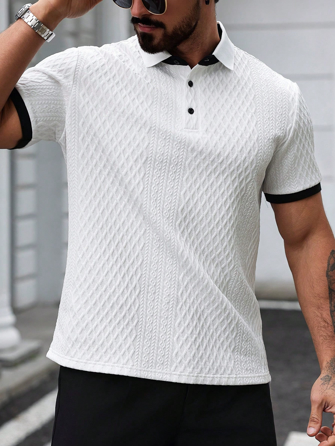 2026 Summer New Men's Simple Color Block Polo Shirt Button Down Collar Knitted Fabric Short Sleeve Top Apricot and White