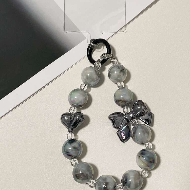 Beaded Chain Bowknot Pendant Keychain Phone Lanyard Colorful Marble Pattern Wrist Heart Women's Style S260126