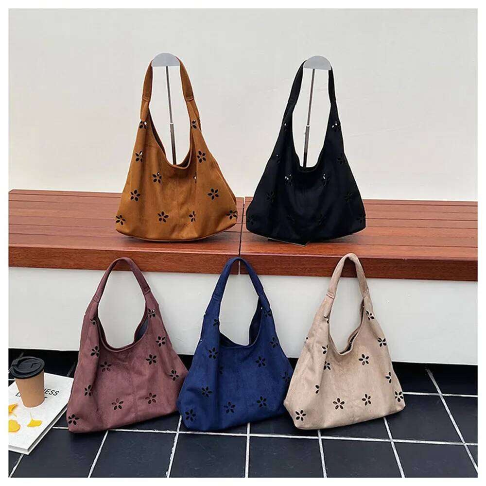 Floral Cut Out Women's Tote Autumn Winter Suede Velvet Soft Large Capacity Shoulder Bag For Commute Underarm Handbag