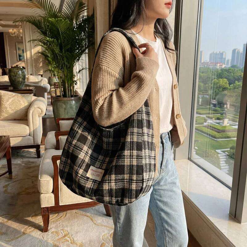 Fashion Plaid Crossbody Women Casual Canvas Shoulder Bag Large Capacity Tote Comfortable and Versatile Texture Storage Bags