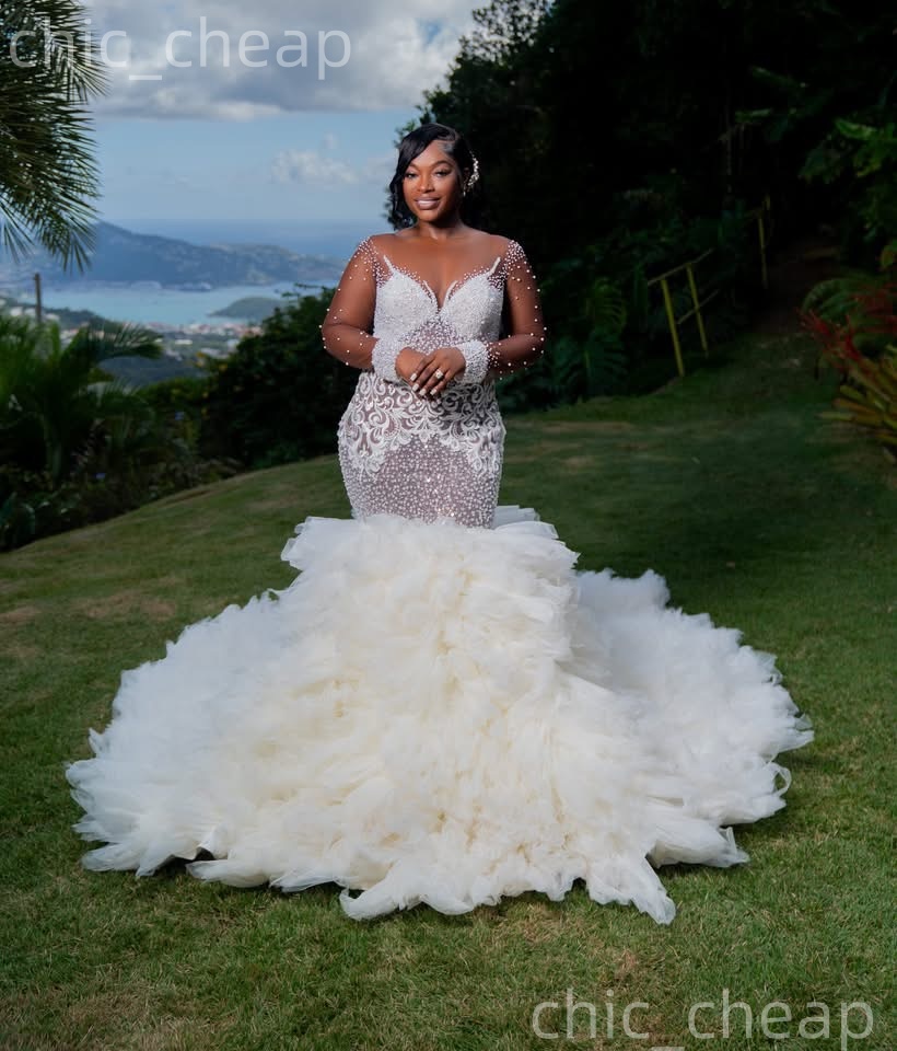 African Aso Ebi 2026 Ivory Mermaid Wedding Dress Illusion Pearls Beaded Tulle Detachable Train Vintage Charming Bridal Gowns Dresses ZJ2371