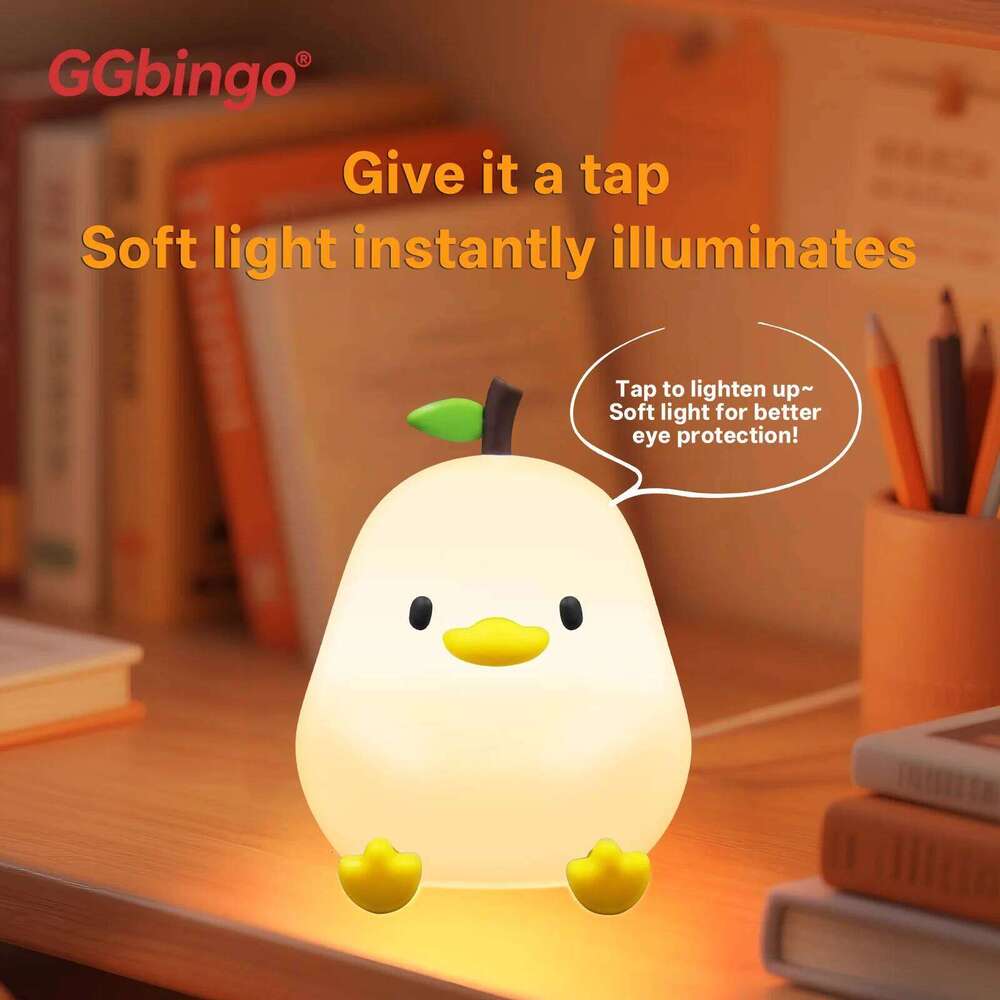 Cute Pear 7-Color Dimmable Touch-Controlled Night Light Silicone Stress Reducing Pat Duck Lamp USB Rechargeable Z260127