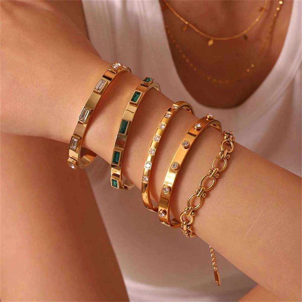 Pc 18K Zircon 1 Gold 10 Steel Cubic Stainless Personality Plated Bracelet for Women Waterproof Fashion Jewelry Gift XJ260127